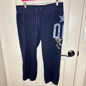NWOT Y2K Aerie Navy Blue 06 Bird Floral Print The Girly Crop Sweatpant Sz L Cozy